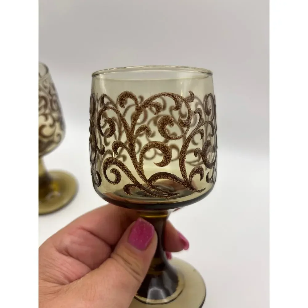 Vintage Libbey Prado Water Goblets (3)Wine Goblets(2) Scroll Pattern Brown